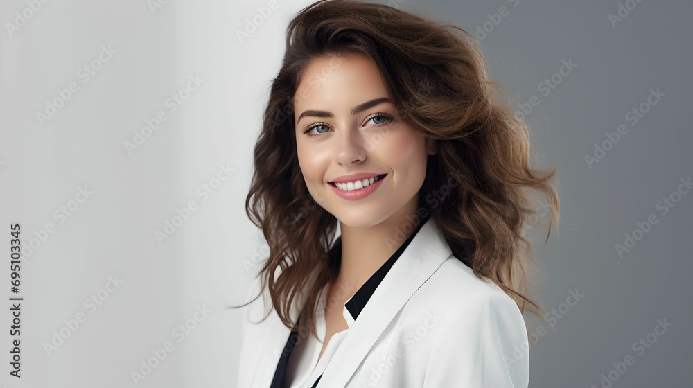 Charismatic Young Businesswoman Smile, close-up, white, suit, warm smile Charismatic Young Businesswoman Smile, close-up, white, suit, warm smile