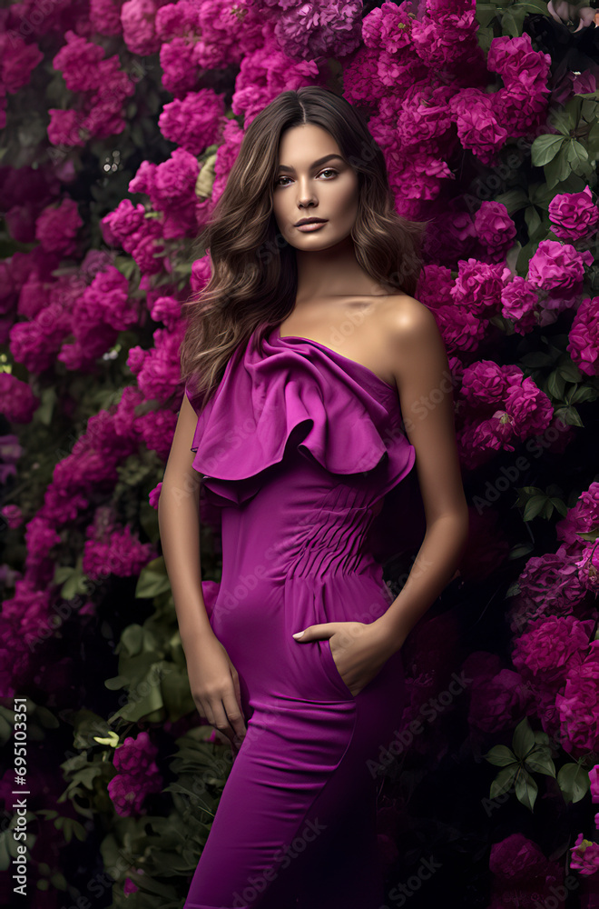 pretty woman in a purple dress is standing in front of a wall of pink flowers, ai generative pretty woman in a purple dress is standing in front of a wall of pink flowers, ai generative