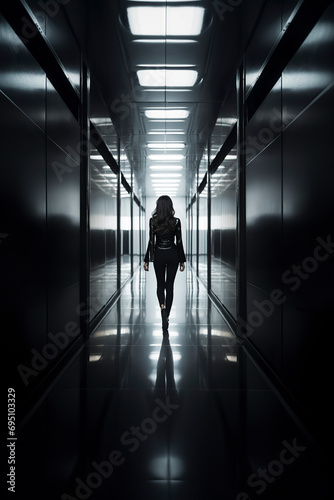 A worman is walking down a long, reflective hallway, carrying a long object and wearing a backpack, ai generative photo