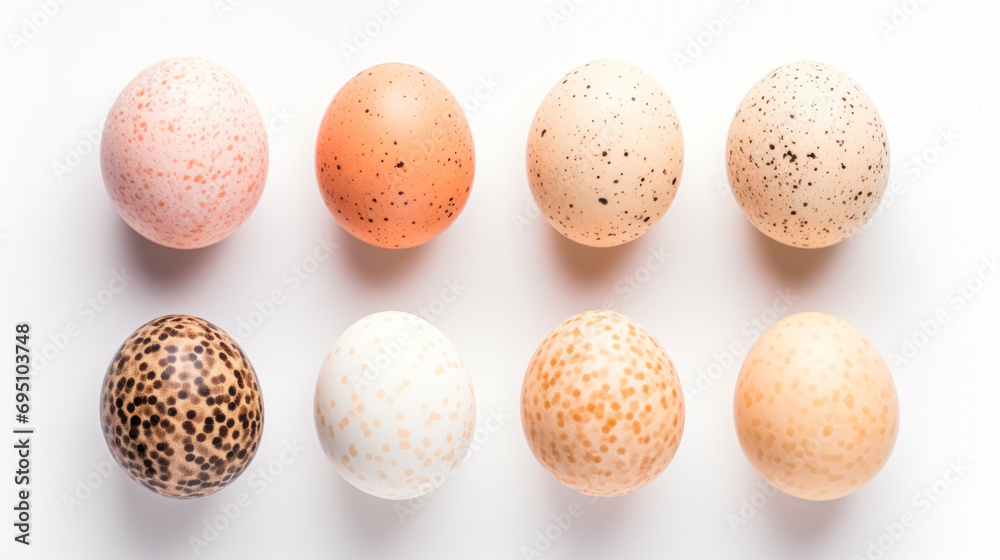 Assorted speckled eggs aligned on a white background, showcasing various patterns and colors. Assorted speckled eggs aligned on a white background, showcasing various patterns and colors.