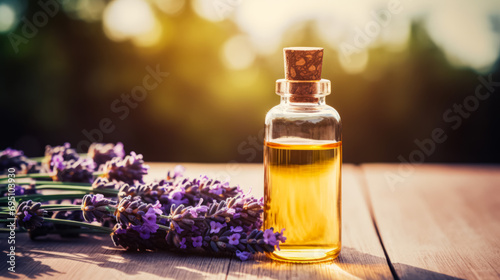 A small glass bottle with a cork lid filled with golden oil  next to purple lavender flowers on a wooden surface with sunlight.