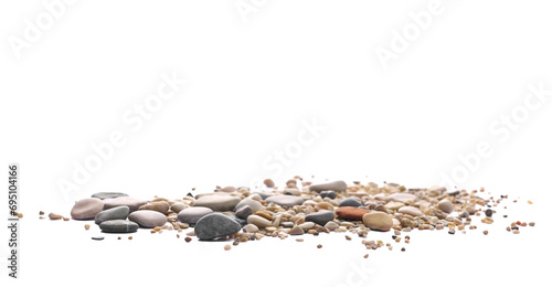 Sand pile scatter with small pebbles isolated on white background and texture, clipping path, side view photo