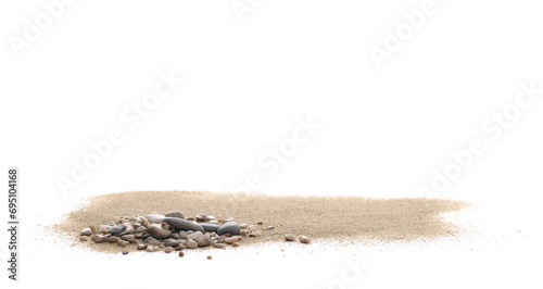 Sand pile scatter with small pebbles isolated on white background and texture, clipping path, side view photo