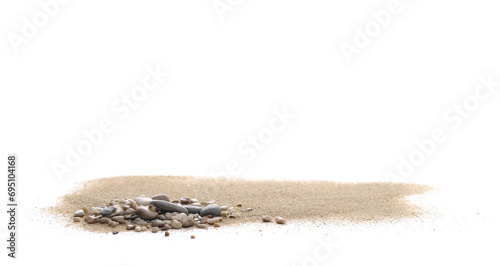 Fotografía Sand pile scatter with small pebbles isolated on white background and texture, c