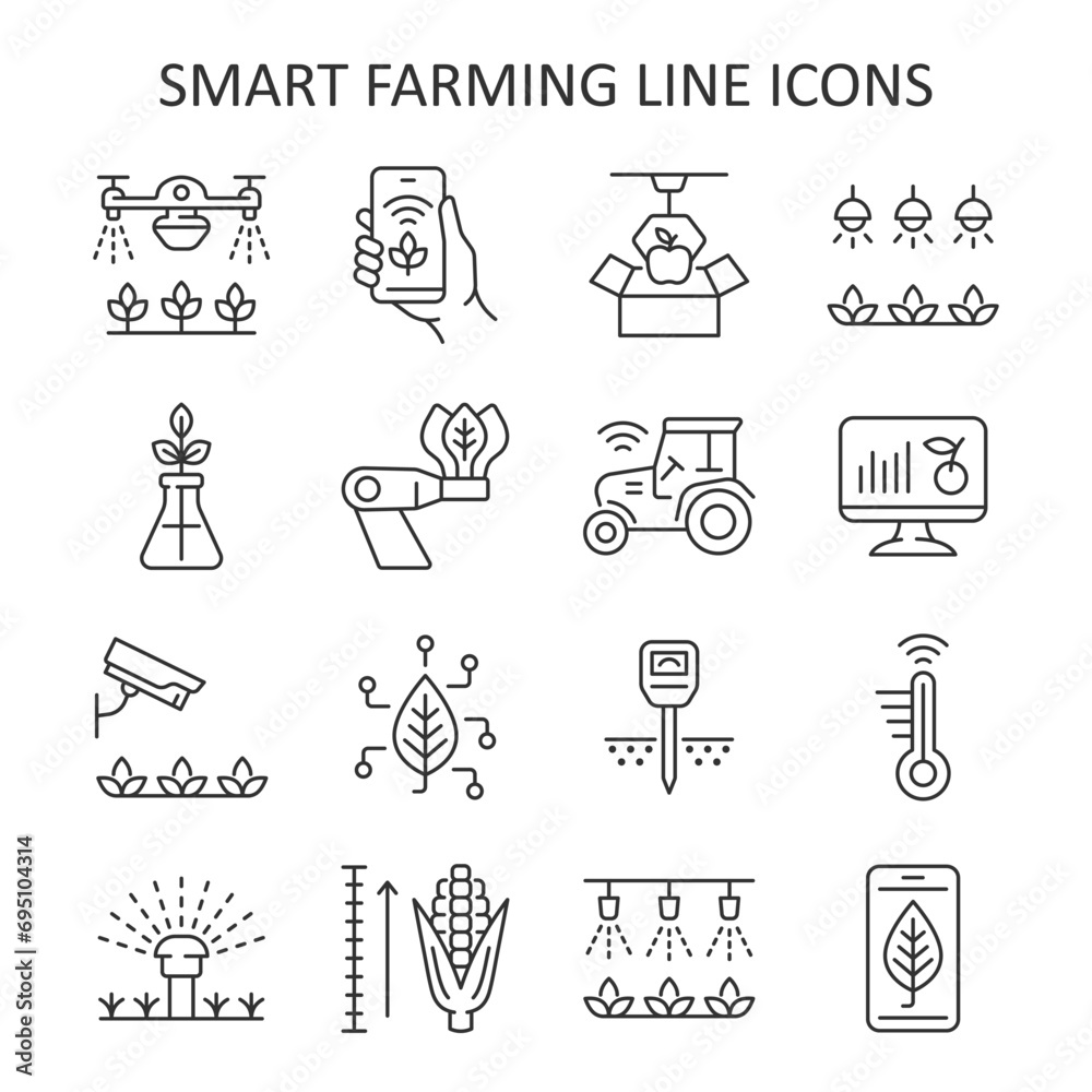 Fototapeta premium Smart farming line icon set. Vector collection with tractor, watering system, agriculture drone, robot, surveillance camera, smartphone, ph meter.