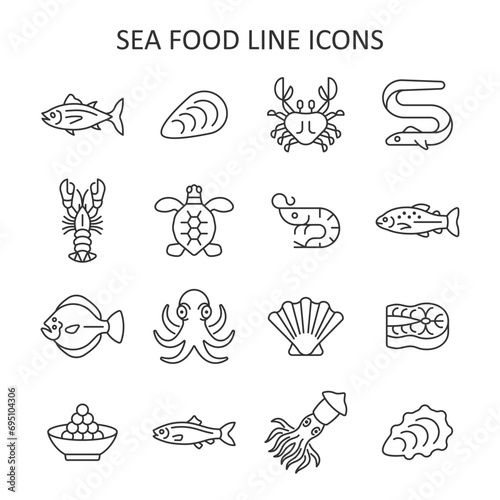 Seafood line icon set. Vector collection with tuna, crab, lobster, shrimp, trout, caviar, squid, octopus. photo