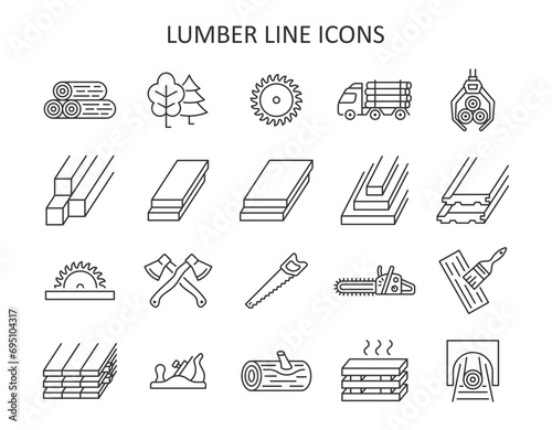 Lumber line icon set. Sawmill collection with log, axe, logging truck, saw, tree, carpentry. photo