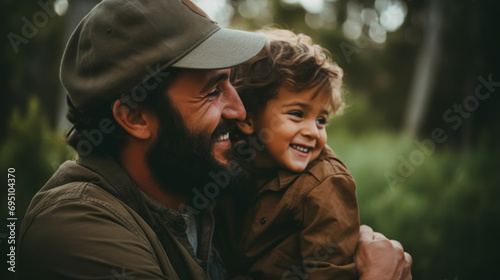 A heartwarming moment of a bearded father in a cap, laughing with his young son in a matching cap, both enjoying the outdoors.