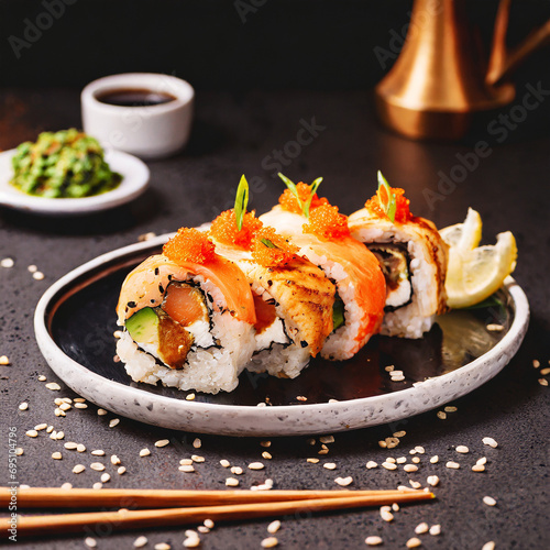 Delicious sushi plate, Japanese meal, traditional Asian cuisine, Japanese kitchen, sashimi, shrimp meal