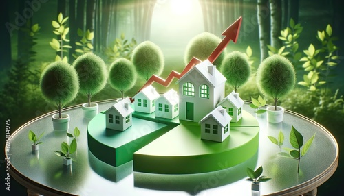 A green pie chart with house models and a red upward arrow, which symbolizes negative trends in the real estate market. All this is located on a glass table reflecting the diagram and houses