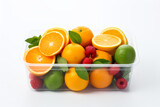 Bright citrus fruits and red raspberries arranged in a clear plastic container against a white background.