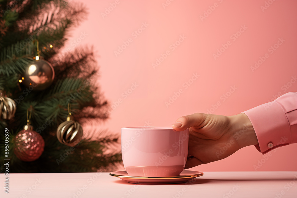 New Year Three Hands Holding Drinks and Presents on a Pink Background New Year Three Hands Holding Drinks and Presents on a Pink Background