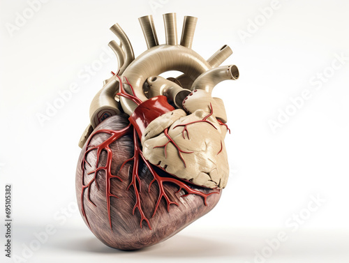 Three-dimensional representation of the human heart against a light gray backdrop. Red arteries and veins. Heart - a vital blood-pumping organ in a living being