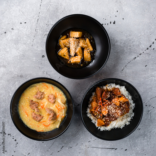 Fried tofu with honey, soup with noodles and pork with basmati rice and pineapple.