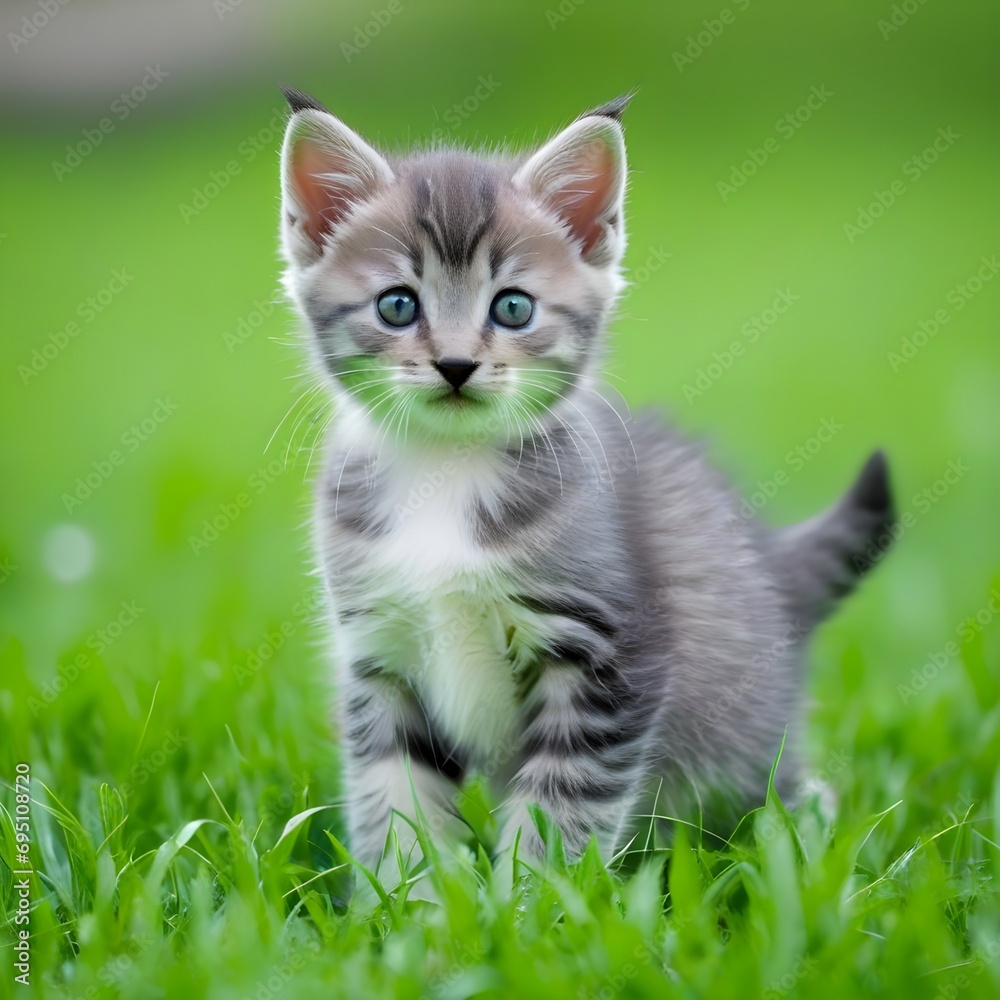 Gray kitten on green grass