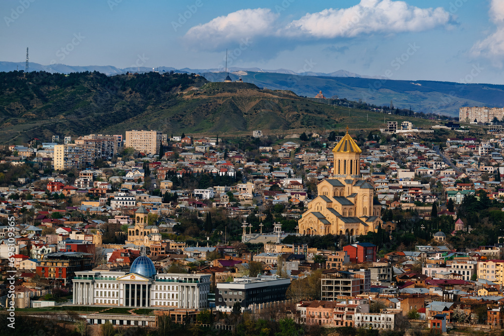 City view of Tbilisi, Georgia. The Holy Trinity Cathedral of Tbilisi Sameba , aerial view
