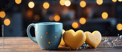 taza de porcelana azul decorada con corazones junto a un grupo de corazones amarillos, sobre superficie de madera y fondo oscuro y dorado desenfocado, concepto san valentín, dia de la madre