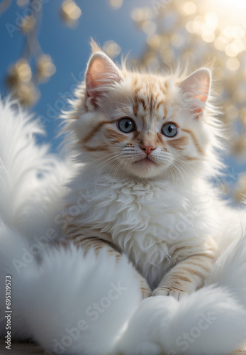 Kitten white color, on the background of the sky, clouds