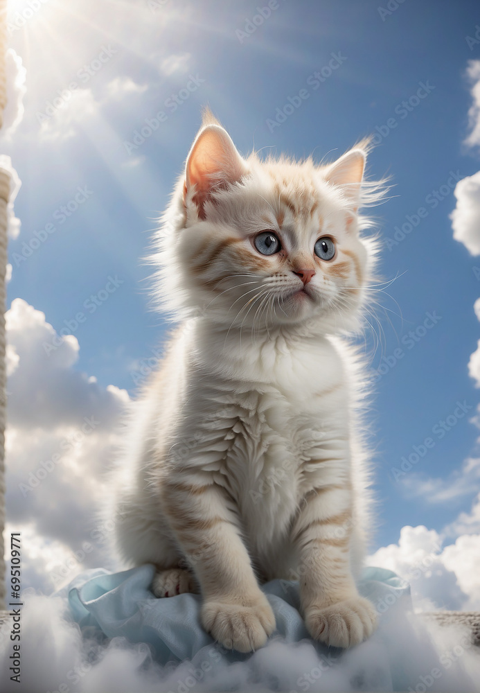 Kitten white color, on the background of the sky, clouds Kitten white color, on the background of the sky, clouds
