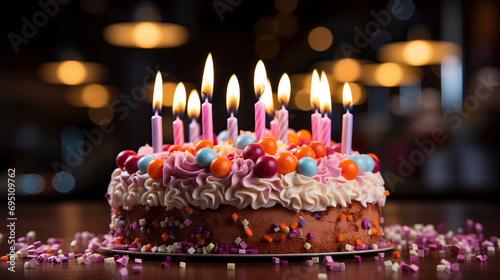 A Colorful Birthday Cake with Lit Candles and Sprinkles