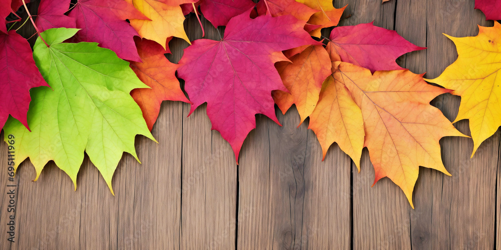 Obraz premium A Vibrant Collection of Autumn Leaves on a Rustic Wooden Background