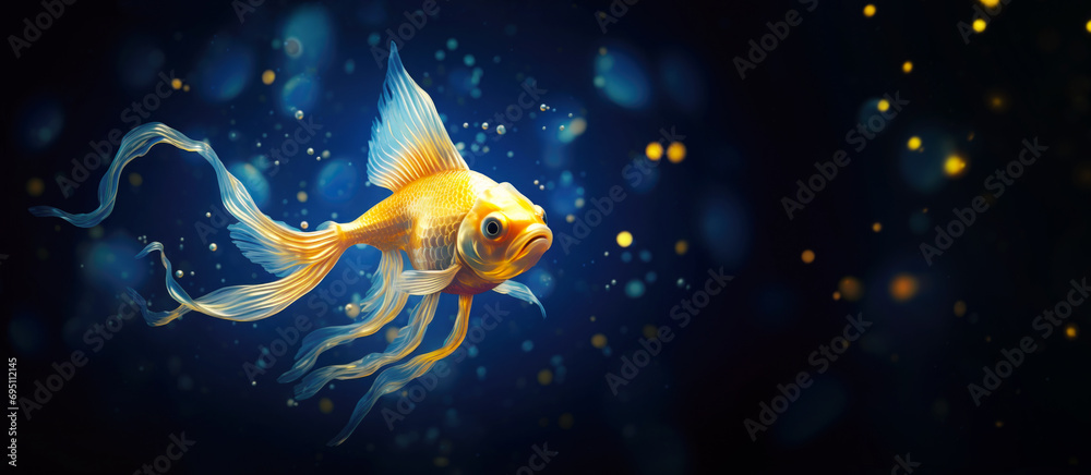 Golden Fish Swimming on Blue Background with Copy Space - obrazy, fototapety, plakaty 