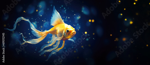 Golden Fish Swimming on Blue Background with Copy Space photo