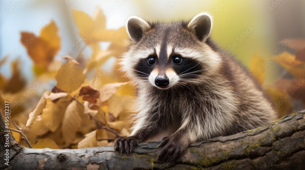Raccoon in forest, surrounded by leaves, bathed in warm sunlight. Ideal for wildlife and nature themes, educational content, and environmental awareness campaigns.