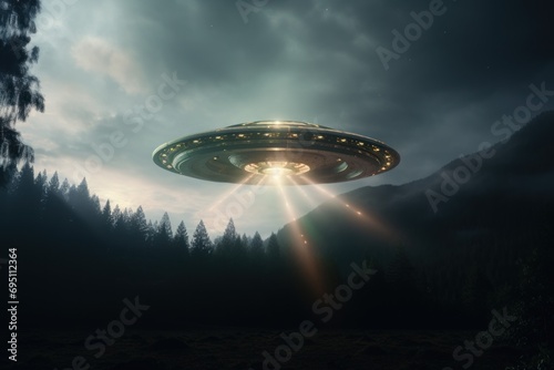 UFO with radiant lights hovering over forest under night sky. Futuristic alien spaceship. Copy space. Ideal for projects exploring extraterrestrial themes, science fiction, and unknown. Sci-fi concept photo