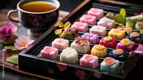 Japanese wagashi traditional sweets on lacquered tray. The colorful confections. A healthy dessert made from natural ingredients. Sweets made from rice and legumes for Japanese tea ceremony. photo