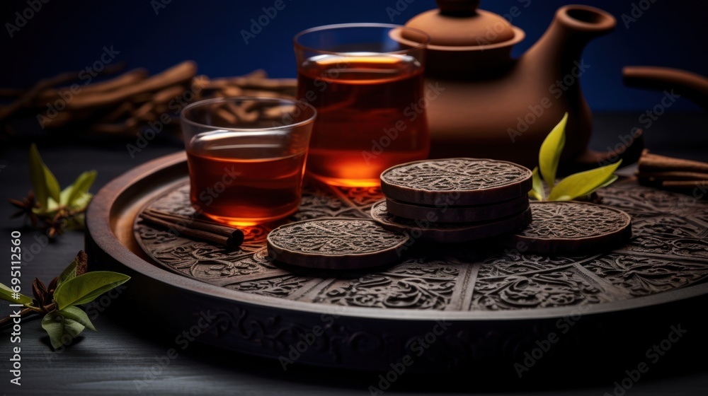 Teapot, teacup and compressed black Pu-erh tea with rich, earthy tones and textures creating sense of history. Japanese tea drinking traditions. For social media or blogs about lifestyle, relaxation