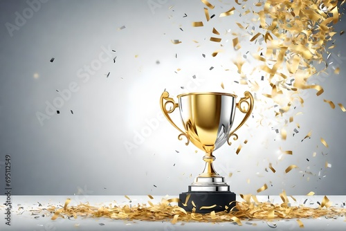 championship cup or winner trophy in golden and silver shiny chrome with celebration confetti and ribbon decoration as wide banner with copy space area photo