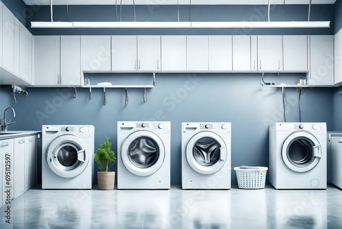 washing machines in a clean organized neat utility laundry room or washing service room interior front view shot as wide banner mockup design with copy space area photo