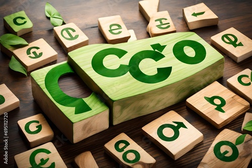 concept of carbon credit reducing carbon emissions Zero net greenhouse gas emissions target Carbon credits to invest in sustainable businesses green climate investment wooden block with green icon photo