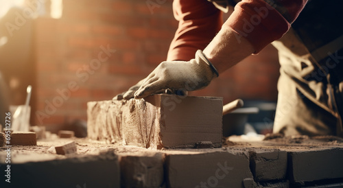 Close up of industrial bricklayer installing bricks on construction site. photo