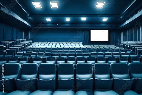 Empty of cinema in blue color with white blank screen. Mockup of hall, no people and auditorium. Generative AI photo