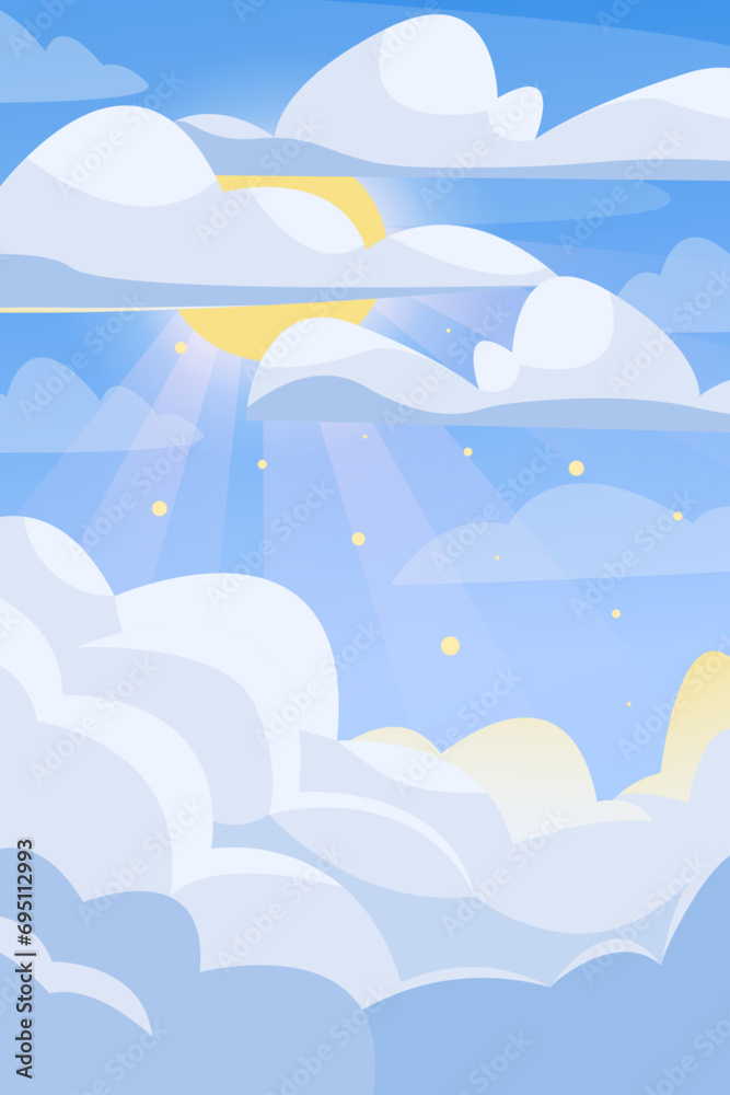 Vector sun in a light cloudy sky. Rays breaking through the clouds in cartoon style