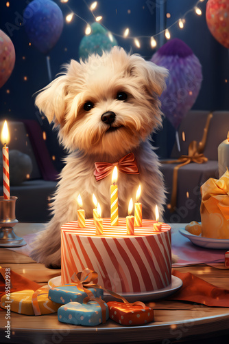 pies w kapeluszu urodzinowym, otoczonego prezentami i dekoracjami © MS
