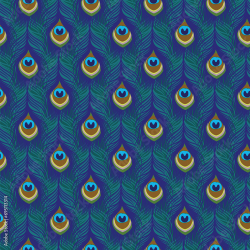 Hand drawn, blue peacock feather seamless pattern