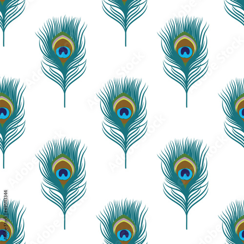 Seamless pattern with artistic green peacock feathers