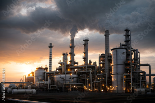 Industrial petrochemical power plant with smoking chimneys at sunset. Industrial background, oil and gas refinery at twilight.