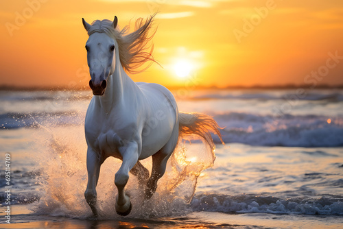 Pferdezauber am Horizont: Galoppierendes Pferd am Strand beim Sonnenaufgang für magische Küstenerlebnisse © Seegraphie