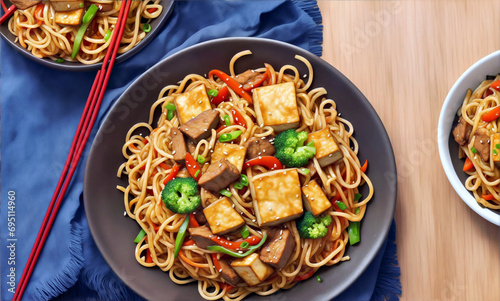 A Delicious Plate of Noodles with Tofu and Broccoli