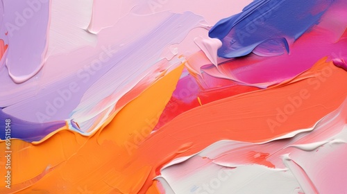 An up-close look at a vibrant stroke of brightly colored paint, highlighting gentle variations in unmodulated bold color, with shades of orange, white, pink, and purple. photo