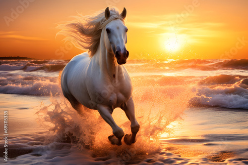 Pferdezauber am Horizont: Galoppierendes Pferd am Strand beim Sonnenaufgang für magische Küstenerlebnisse © Seegraphie
