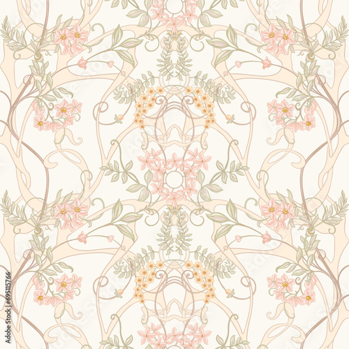 Fantasy flowers, decorative flowers and leaves in art nouveau style, vintage, old, retro style. Seamless border pattern, linear ornament, ribbon Vector illustration.