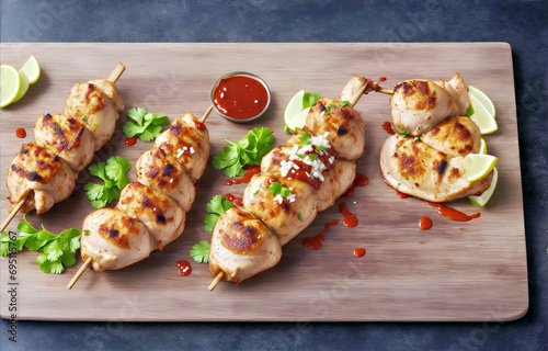 A Rustic Wooden Cutting Board with Delicious Chicken Skewers