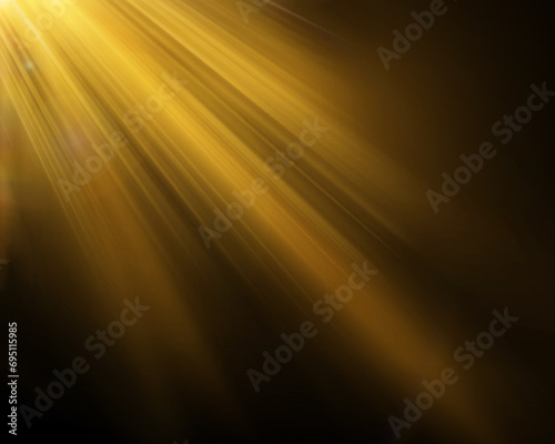 Bright sun flare. Bright glow from a searchlight. Realistic shine ray overlay on a dark background