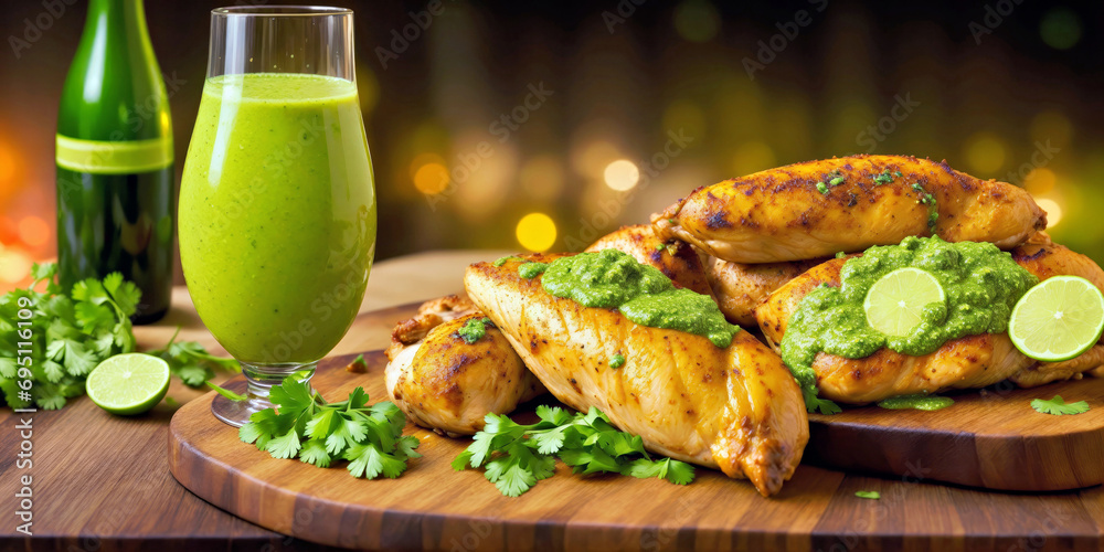 A Wooden Cutting Board Topped With Chicken and a Glass of Green Juice A Wooden Cutting Board Topped With Chicken and a Glass of Green Juice