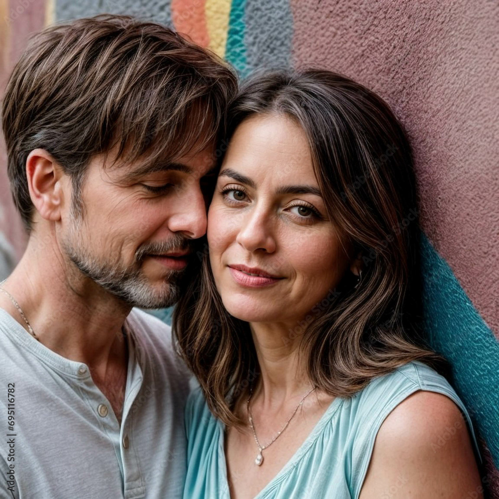  Middle aged loving couple posing on painted wall background, close-up photo
